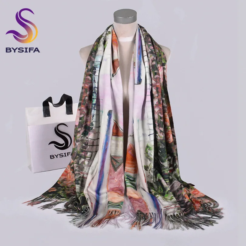 [BYSIFA] Green Pink Rose Women Scarves Shawls Luxury Brand Female Cashmere Pashmina Scarves Thicken Warm Neck Head Scarf200*70cm