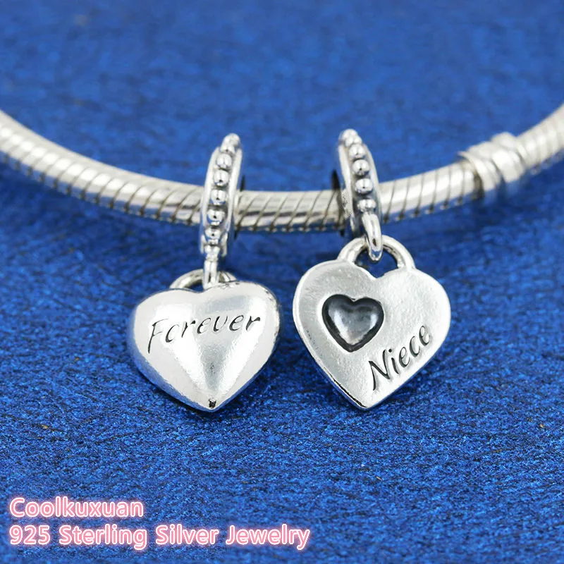 Winter 100% 925 Sterling Silver Aunt & Niece Split Heart Dangle Charm beads Fits Original Pandora bracelets Jewelry Making