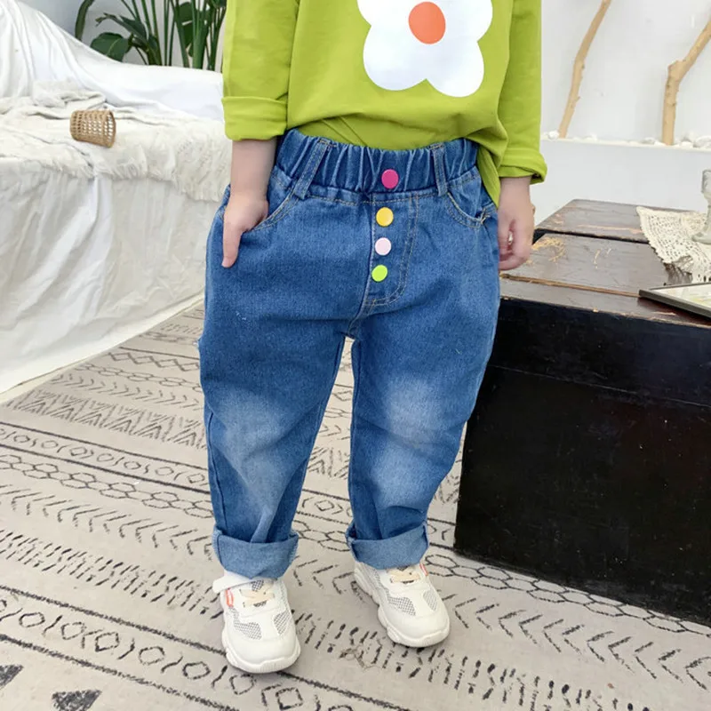 

Fashion 2024 Spring New Casual Baby Denim Trousers Colorful Buttons Cotton Elastic Waist Straight Jeans Pants For 2-7 Years