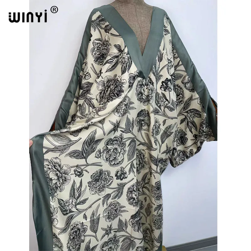 WINYI 2021 Retro Floral Printed Party Long Dress Women Elegant Sexy Deep V Neck long Sleeve Dress Ladies Fashion Beach Dresses