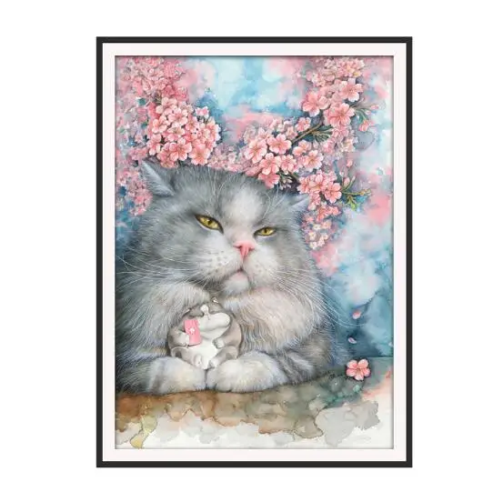 Needlework DIY Cross Stitch,Full Embroidery Kit,Fat Cat Sakura Cherry Flower Printed Pattern Cross Stitch Handwork Painting Gift