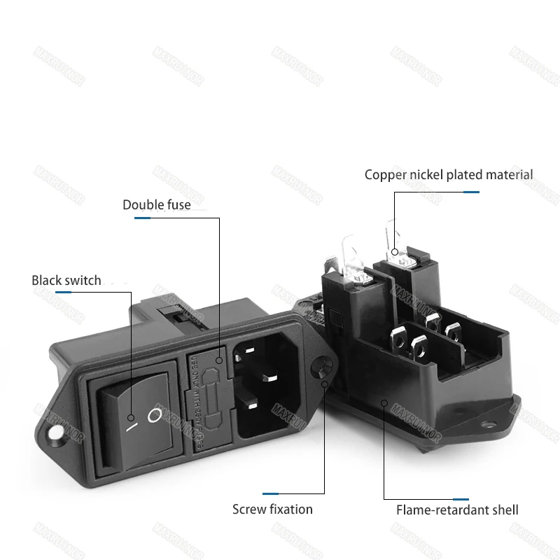 Interruttore a bilanciere con doppio fusibile presa ca rame pieno luce rossa 10A 250V 3pin nero verde rosso