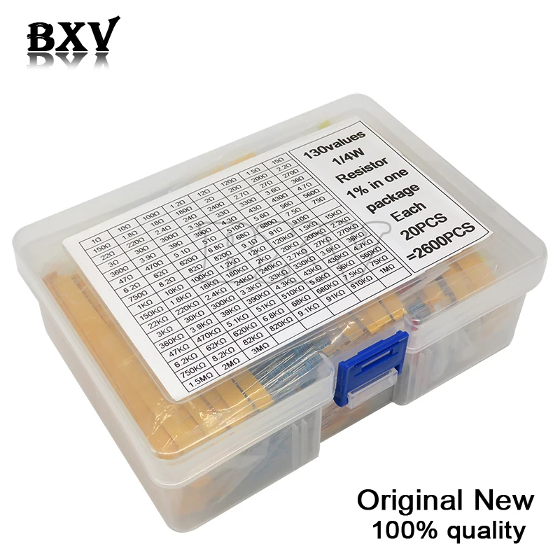 2600PCS/LOT 130 Values 1/4W 0.25W 1% Metal Film Resistors Assorted Pack Kit Set Lot Resistors Assortment Kits Fixed Resistor