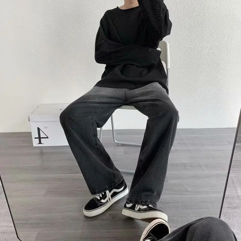 ICCLEK 2021 Gradient Straight Jeans Men's Loose Wide-leg Trousers Men's Mopping Pants Jeans for Men  Black Jeans  Baggy Jeans