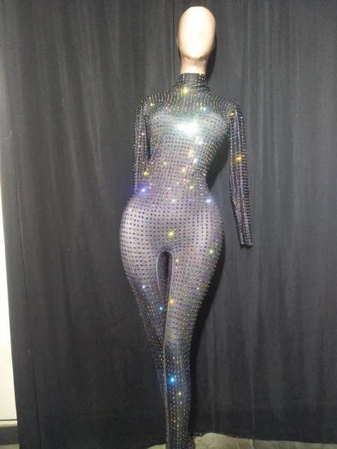 

Sexy Black Full Stones Bodysuit Diamonds Coloful Outfit Sexy Stage Dance Performance Women Costume Singer Birthday Wear