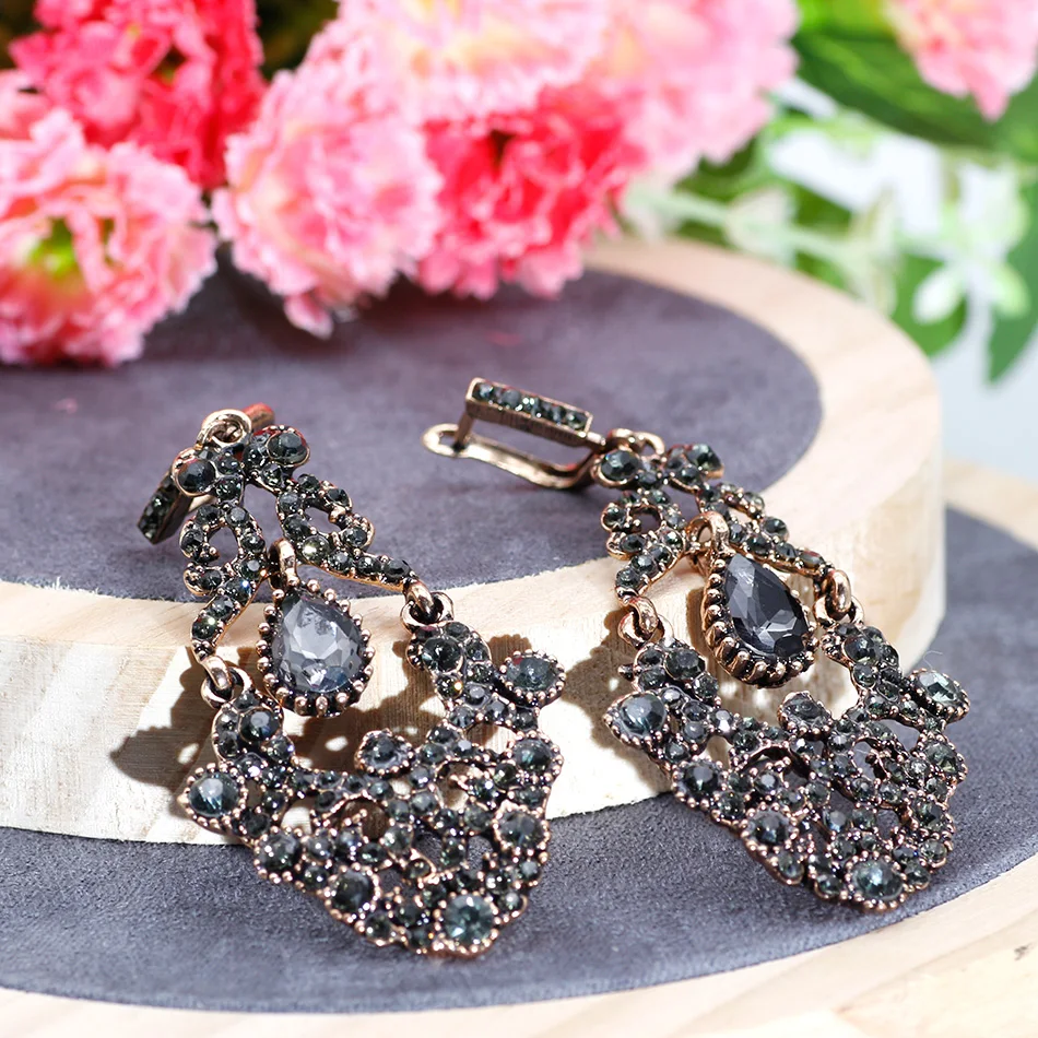 Sunspicems Turkish Vintage Bangle Earring Set for Women Antique Gold Color Gray Stone Cuff Bracelet Drop Earring Indian Jewelry