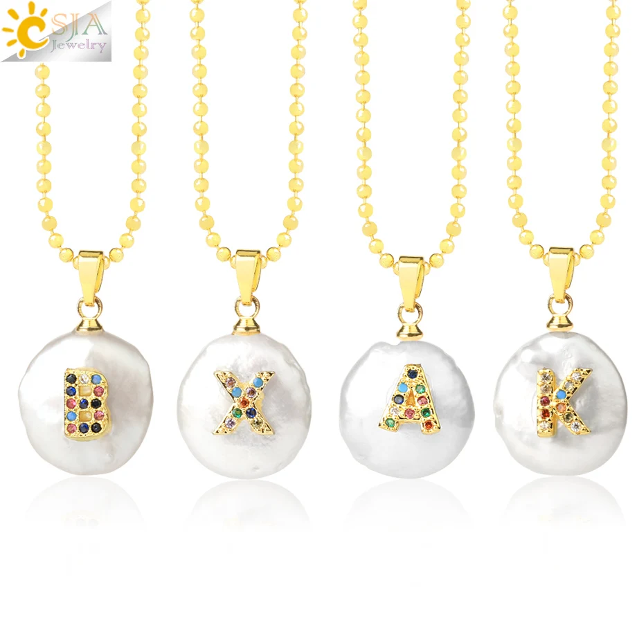 Colar de Pérolas de Água Doce CSJA com Pingente de Letra Maiúscula em Ouro e Zircônia Cúbica, Joia de Alfabeto Natural G684