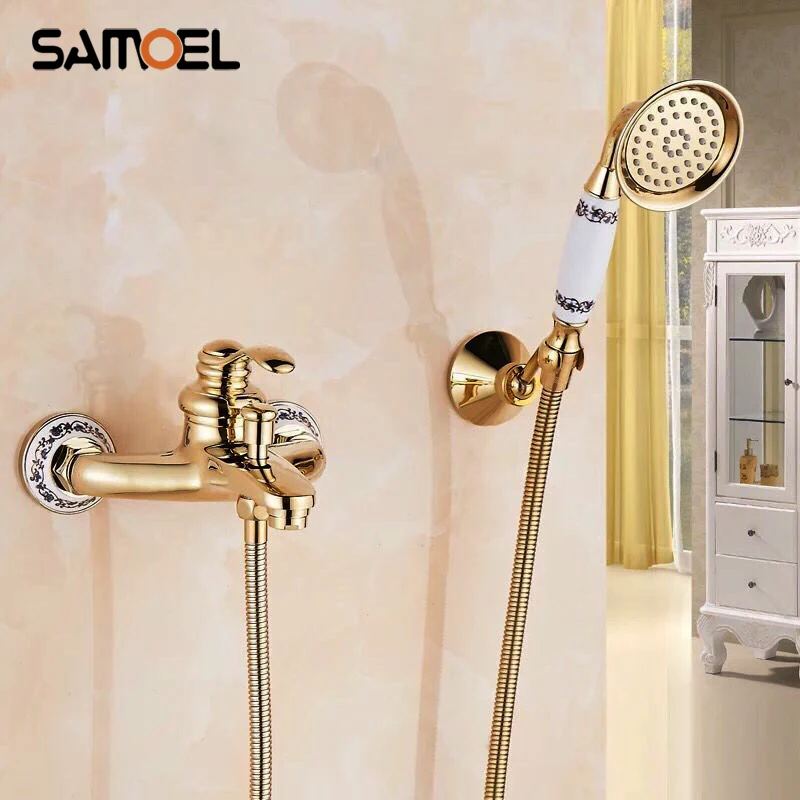 Cold Hot Bathtub Faucet With Ceramic Hand Held Shower Head Brass Gold Rose Golden Bathroom Shower Faucet Set Mixer Tap SF1055