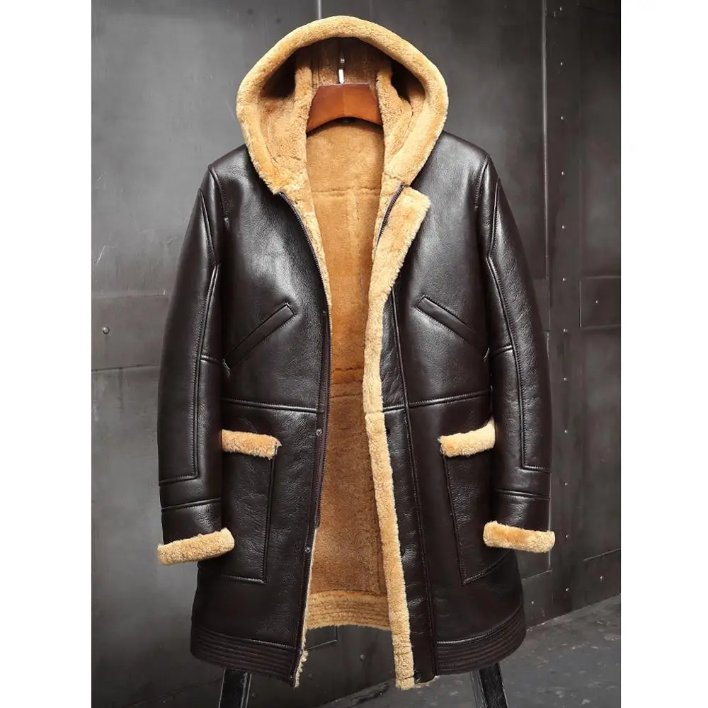 

2019 New Mens Shearling Jacket Sheepskin Coat Hooded Leather Jacket Fur Coat Mens Winter Coats Long Fur Jacket