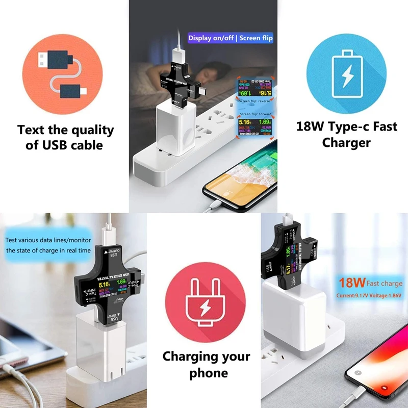 USB C Tester,2 in 1 Type C USB Tester Color Screen IPS Digital Multimeter,Voltage,Current,Power,Resistance,Temperature,with Clip