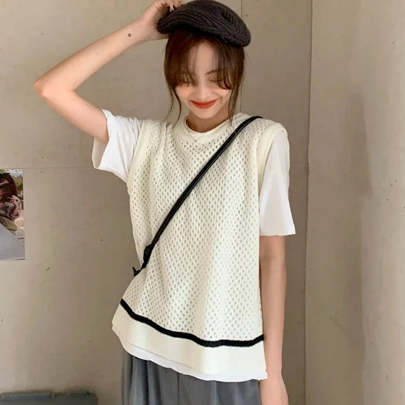 Vests Women O-neck Summer Fashion Patchwork Harajuku Couple All-match Outerwear Hollow Out Chic Design Popular Unisex Students