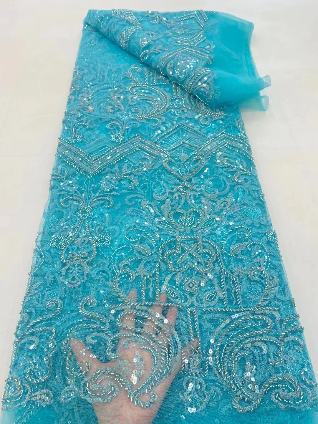 

(5yards/pc) High quality blue African tulle lace with tube beads embroidery newest French lace fabric for party dress FRX080