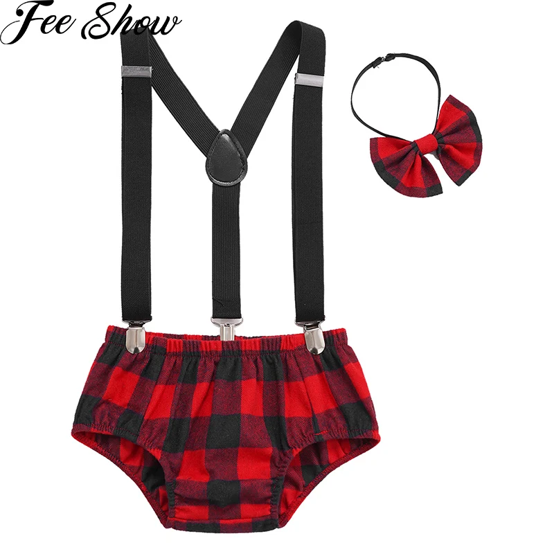 Infant Baby Boys Cake Smash Outfit First 1st Birthday Red Plaid Diaper Cover+Suspenders+Bowtie+Headband Photo Props Stylish Set