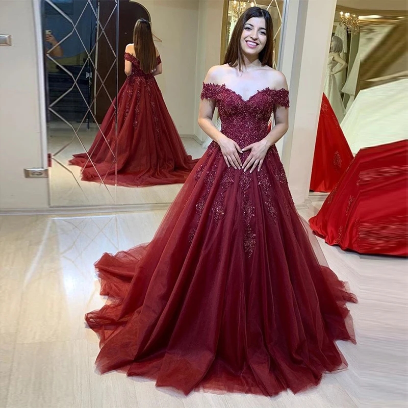 오프 숄더 부르고뉴 댄스 파티 드레스 a 라인 럭셔리 아플리케 구슬 장식 tulle vestido de formatura sweep train robe de bal prom 가운