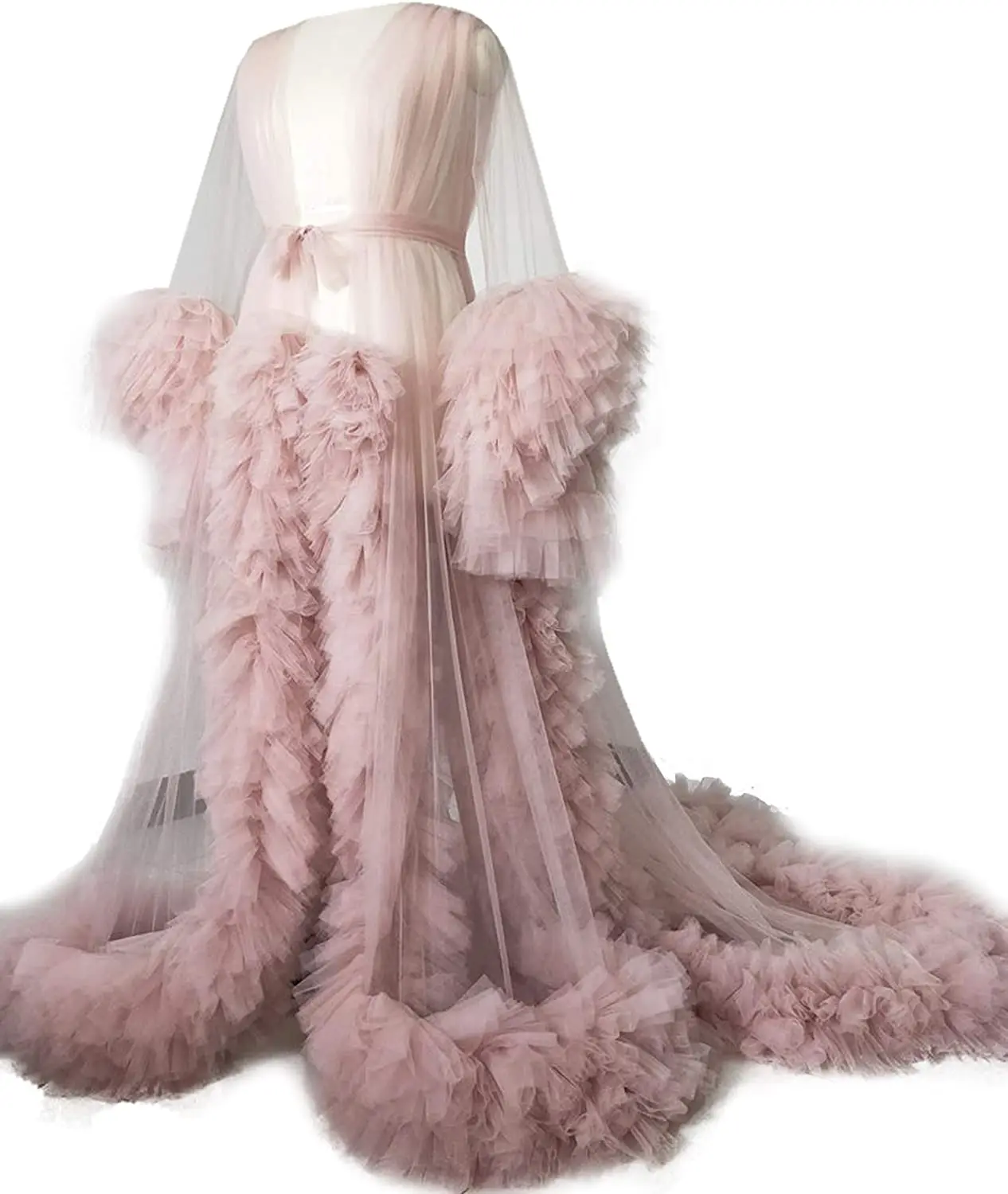 Ladies Dust Pink Dressing Gown Sheer Long Robe Fluffy Dessous Fotografie Bridal Fluffy Maternity Robes Photo Shoot Bathrobe