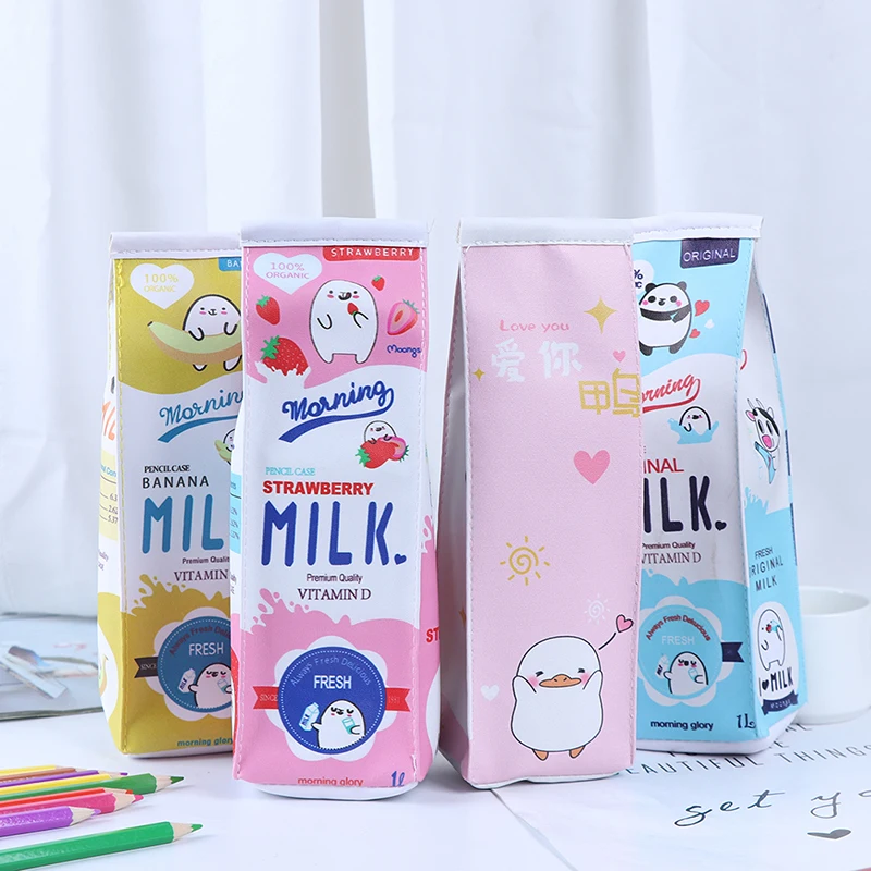 Cartoon Milk Bottle School Pencil Case Cute Pu Pen Bag Storage Pouch Stationery