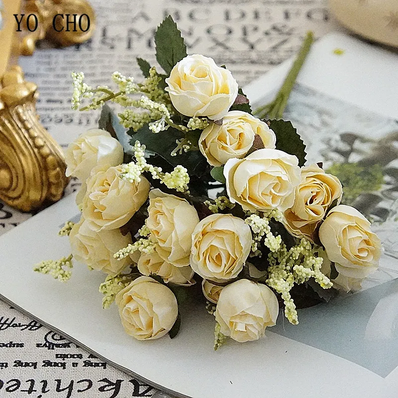 YO CHO Artificial Silk Rose Flower for Girl  Wedding Mini Bouquet  DIY Home Party Decoration  15 Heads  Champagne Blue