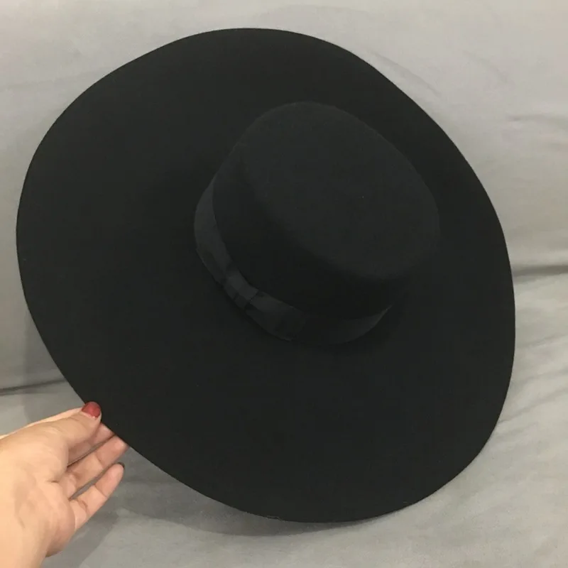 Sombrero Fedora de lana de ala ancha para mujer, sombrero de fieltro negro con lazo plano flexible, estilo Retro, grande y cálido, sombrero de