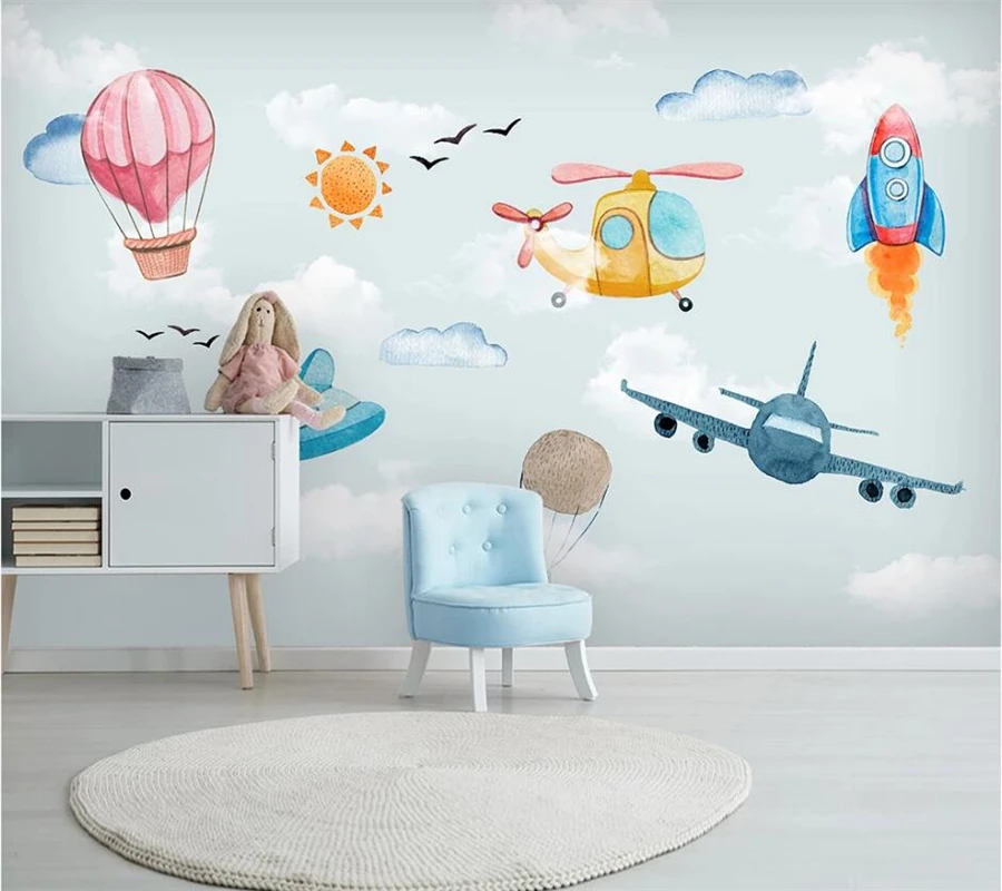 Customized 3d wallpaper Nordic minimalist hand-painted cartoon hot air balloon airplane children's room TV background wall paper