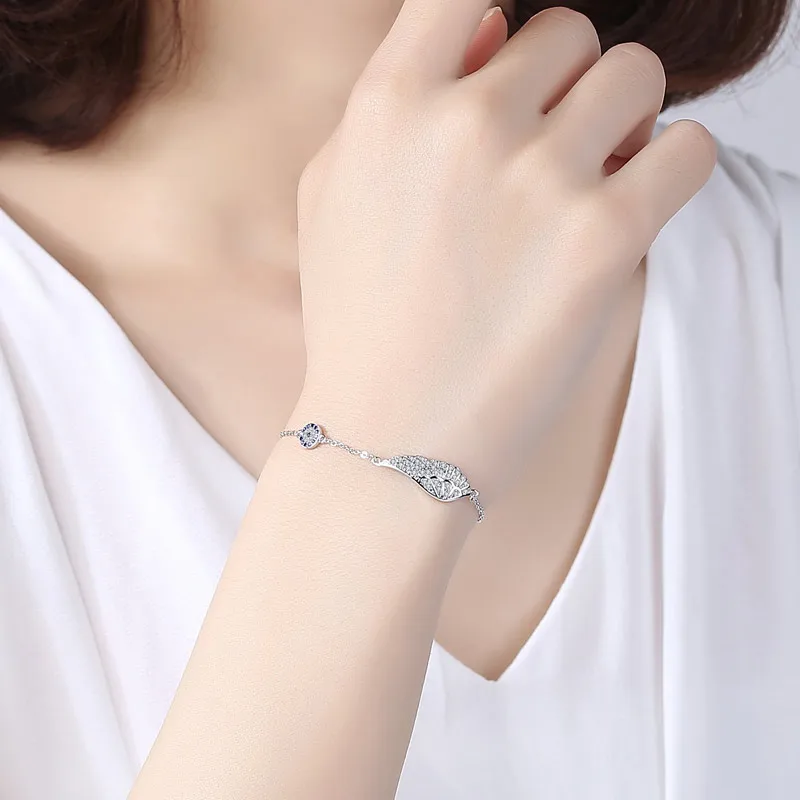 Women Men Angel Wings Bracelets Blue Lucky Eye Sterling 925 Silver Bracelet Pave Setting CZ Crystal Silver Jewelry Gifts KLTB055