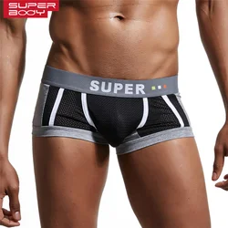 Superbody Sexy Mens Underwear Boxers U Convex Design Penis Bag Mesh Patchwork Underwear Men Boxer Shorts Breathable Male Panties