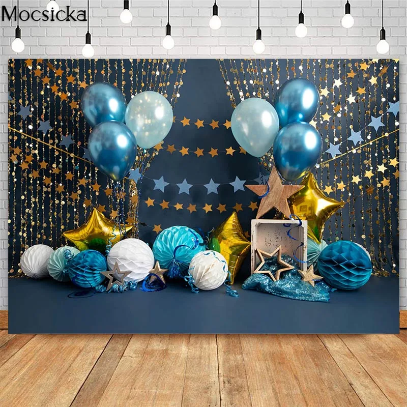 Glitter Golden Stars Tassel Photographic Studio Photo Backgrounds For Blue Balloon Decoration Boy Birthday Cake Smash Backdrops