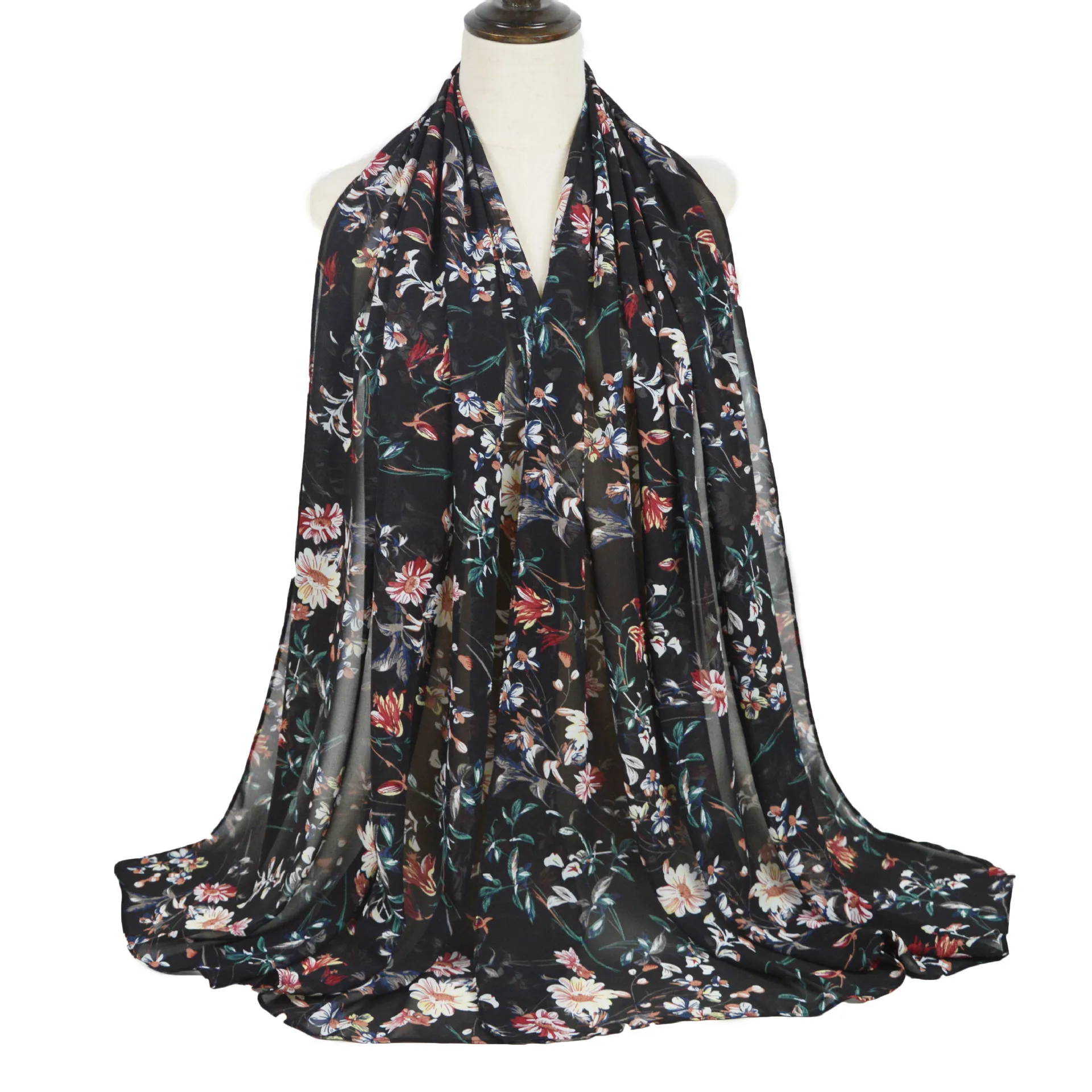 Chiffon Floral Polyester Chiffon Scarf For Women Fashion Soft Hijab Long Shawl Wrap Country Style Lightweight Scarves