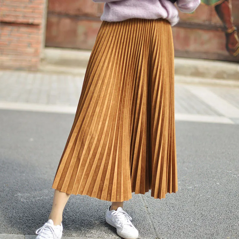 Women\'s Elegant Suede Pleated Midi Skirt Female High-Quality Elastic High Waist Thick Warm Skirts Saias 2024 Autumn Winter SK394