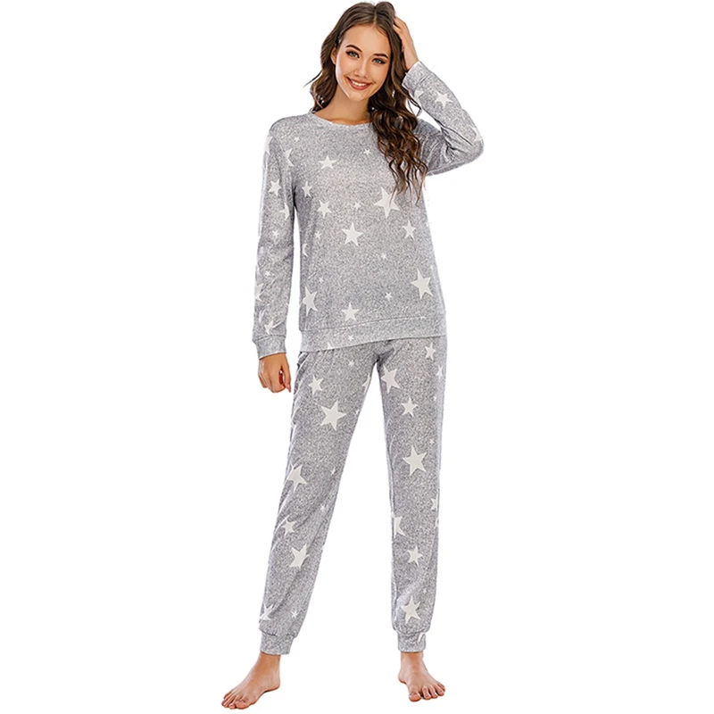 

Women Pajamas Set Stars Print Home Service Long Sleeve Top Long Pant Female Casual Sleepwear Suit Home Service