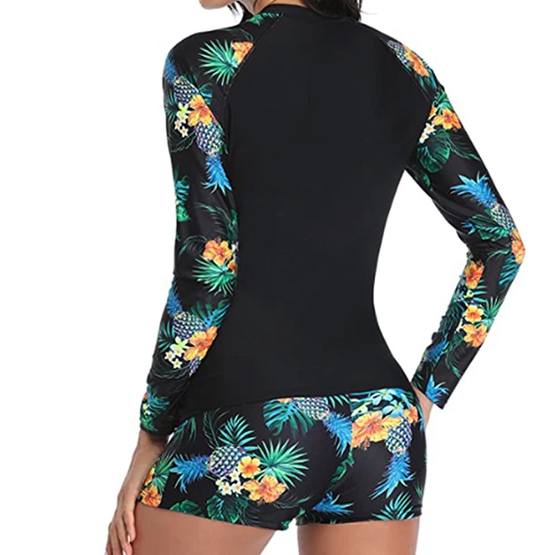 Vintage Print Women Two Pieces Rash Guard Swimwear Long Sleeve Shirts + Shorts Surf Top Retro Print Running Shirt Split Swimsuit