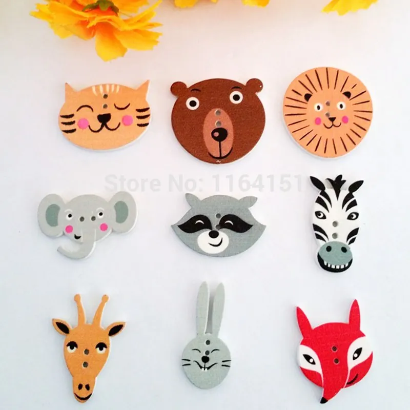 Mix 50pcs wooden Buttons sewing 2-h Animal Assorted children clothes buttons for craft and scrapbooking botoes para artesanato