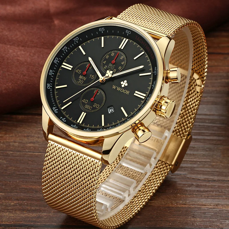 Relogio Masculino WWOOR Sports Mens Watches Top Brand Luxuy Gold Black Mesh Steel Quartz Waterproof Date Chronograph Wrist Watch