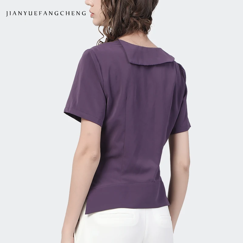 Elegant Women Summer Slash Neck Purple Fitted Tops Soft Waist Shirred Short Sleeve Pullover Blouse