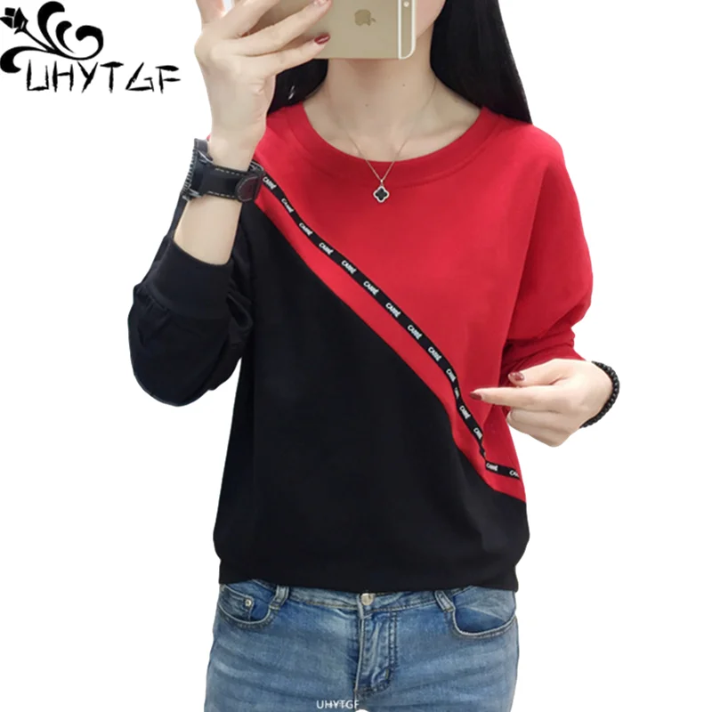 UHYTGF T-Shirts With Long-Sleeved Pullover Casual Autumn Winter Top Women Stitching Cotton 3XL Big Size Bottoming Clothing 1268