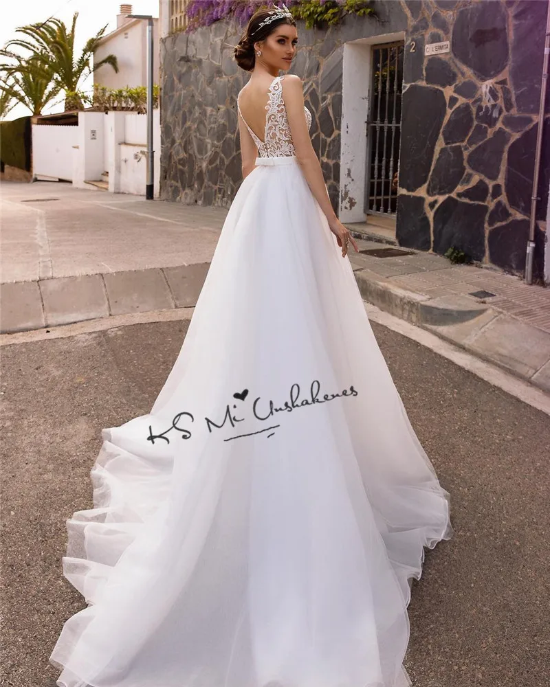 Robe de Mariage Günstige Hochzeit Kleider 2021 Spitze Braut Kleid Backless Bogen Vintage Hochzeit Kleider V-ausschnitt Sweep Zug