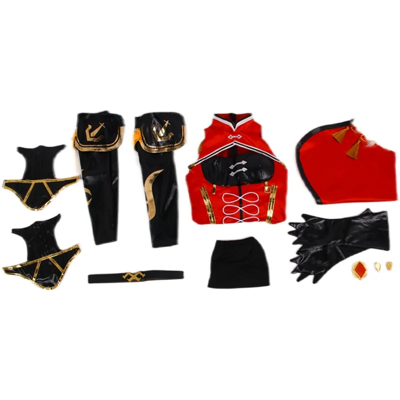 Genshin Auswirkungen Beidou Cosplay Kostüm Beidou Cosplay Kleid Frauen Schwarz Rot Kostüm Beidou Perücke Abnehmbare Brötchen Braun Lange Perücke Schuhe