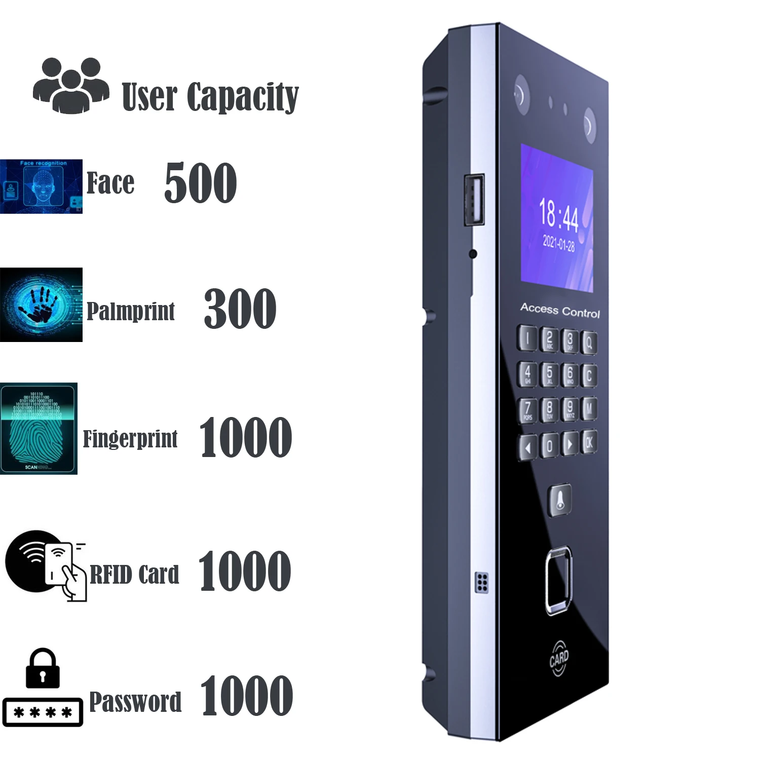 Face Recognition Access Control Facial Detection Door Lock Fingerprint Time Attendance Keypad TCP/IP USB RFID Card Palmprint