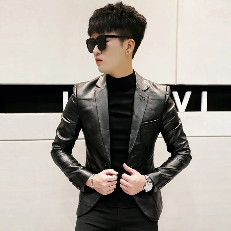 Slim Mens Fit Blazer Jacket Pu Leather Suit Coat Business Man Casual Outwear Short Spring Autumn Faux Leather Blazers Jacket