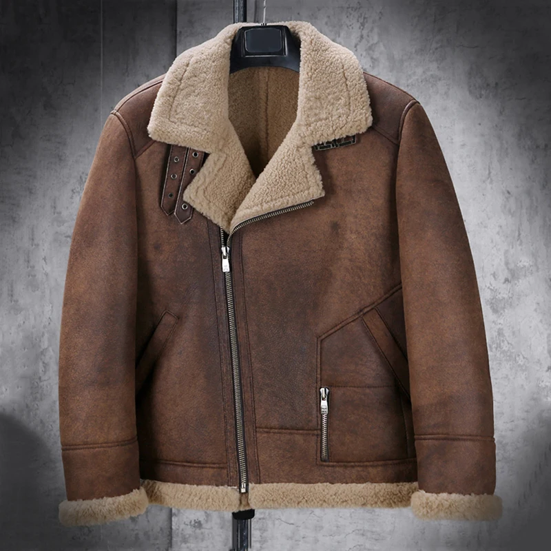 New Mens B3 Shearling Jacket Brown Leather Jacket Short Fur Coat Fashion Motorcycle Jacket Sheepskin Coat