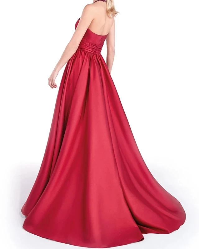 Robe de Soirée Simple en Satin Rouge Foncé, Sans Bretelles, Fendue, Longue, Éducative, pour Bal de Promo