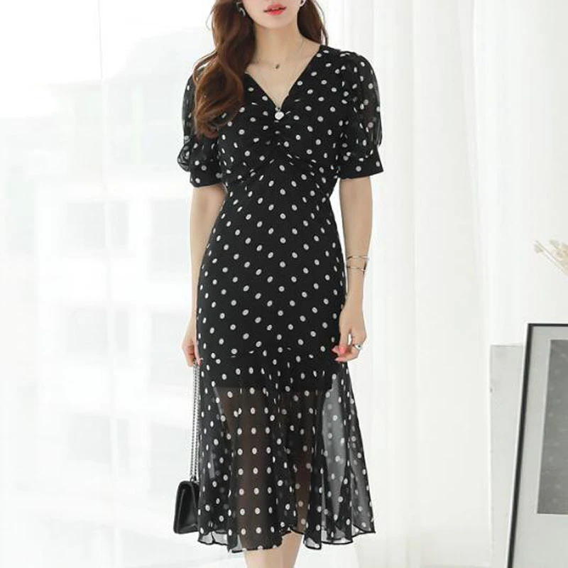 new arrival fashion office lady dot dress women elegant summer temperament high quality v-neck work style cute mermaid dress