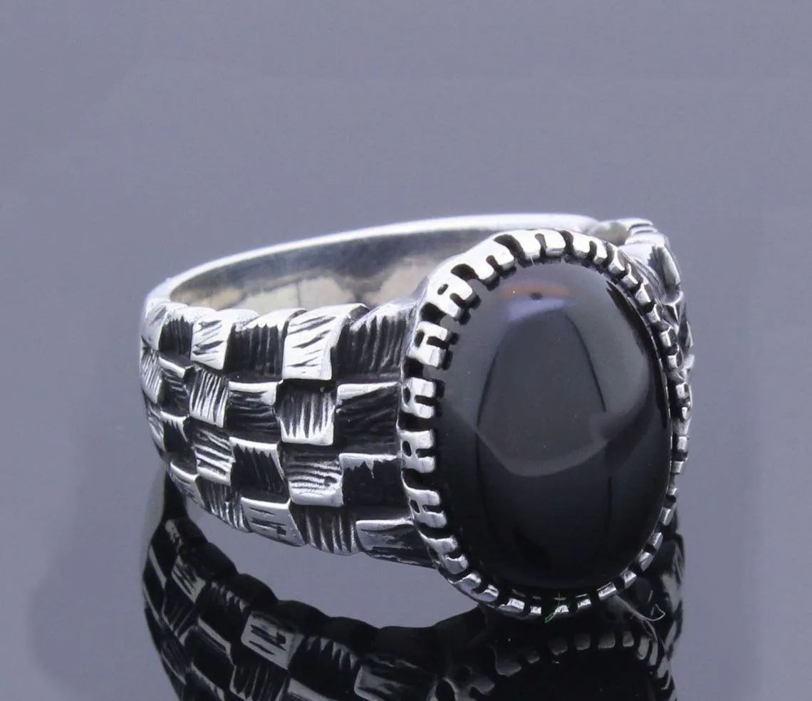 Solid 925 Sterling Silver Knitting Design Oval Onyx Stone Men's Ring Special Jewelry Accessory For Men Made in Turkey