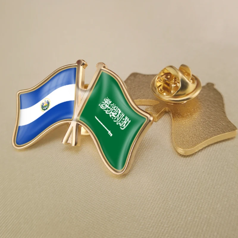 Saudi Arabia and El Salvador Crossed Double Friendship Flags Lapel Pins Brooch Badges