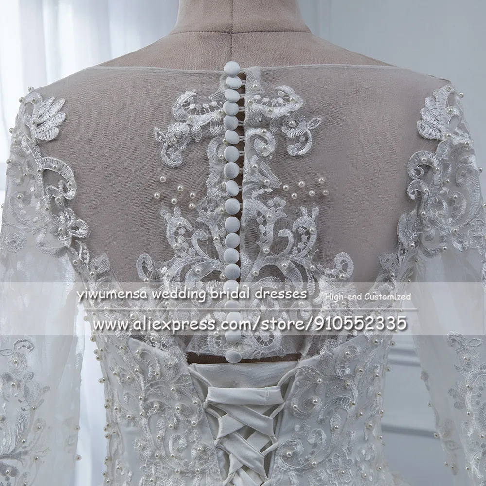 Luxury Lace Ball Gown Wedding Dresses Long Sleeves Lace Appliqued Pearls Bridal Gowns Customized Women Formal Party Clothing