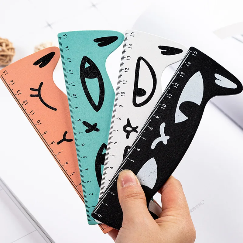 12 Pcs Cartoon Creative Cat Wooden Stationery Ruler Student Cute Color Drawing Hand Ruler 15cm