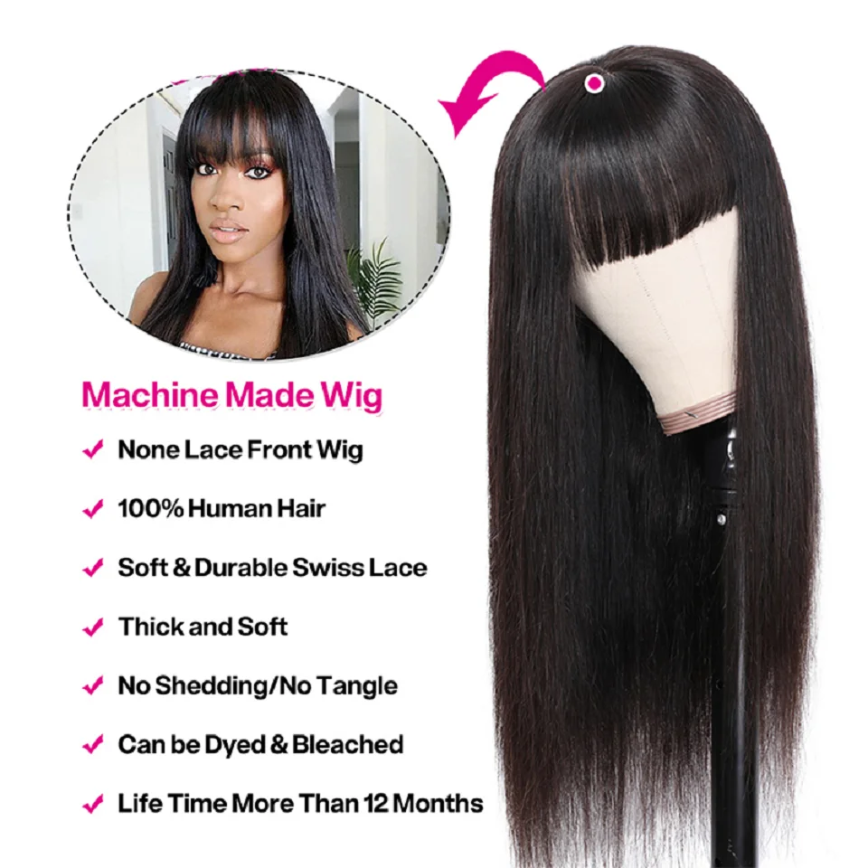 32 34 Inch Straight Human Hair Fringe Wig With Bangs Remy Brazilian Human Hair Machine Made Wig For Women Glueless Wig