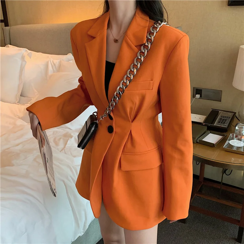 

Slim Elegant Casual Single Breasted Blazer Women Autumn Orange Long Sleeve Suit Jacket England Style Office Lady Coat Streetwear