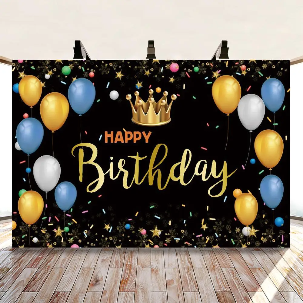 Golden Crown Happy Birthday Backdrop Photocall Smash Balloons Adult Birthday Party Photo Background Black Gold Dots Backdrops