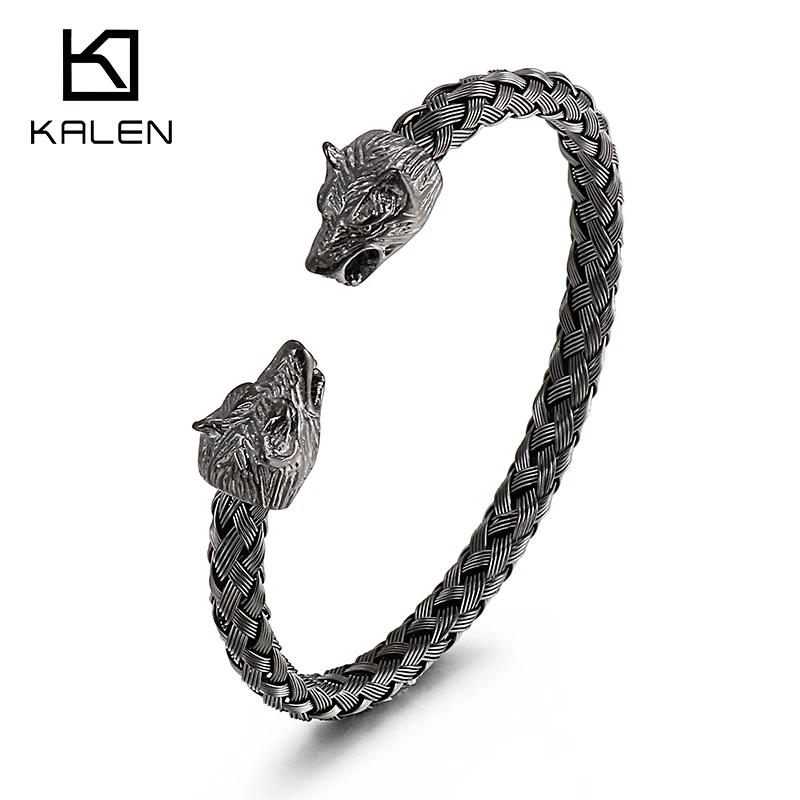 

Kalen Viking Animal Bangles Vintage Black Wolf Head Men's Stainless Steel Bracelet Nordic Party Jewelry Gift Charms Accessories