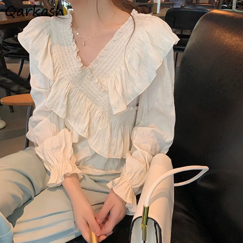 

Chiffon Blouses Women Ruffles Tender Solid Popular Retro Preppy Student Aesthetic Maiden V-neck Blusas Stylish Street Style New